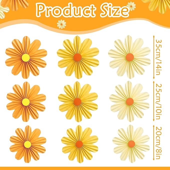 SUNBEAUTY Orange Paper Flowers Decorations for Wall Paper Fans Daisy Decoration for Women Birthday Spring Easter Wedding Garden Tea Party Baby Shower Decor Set of 9