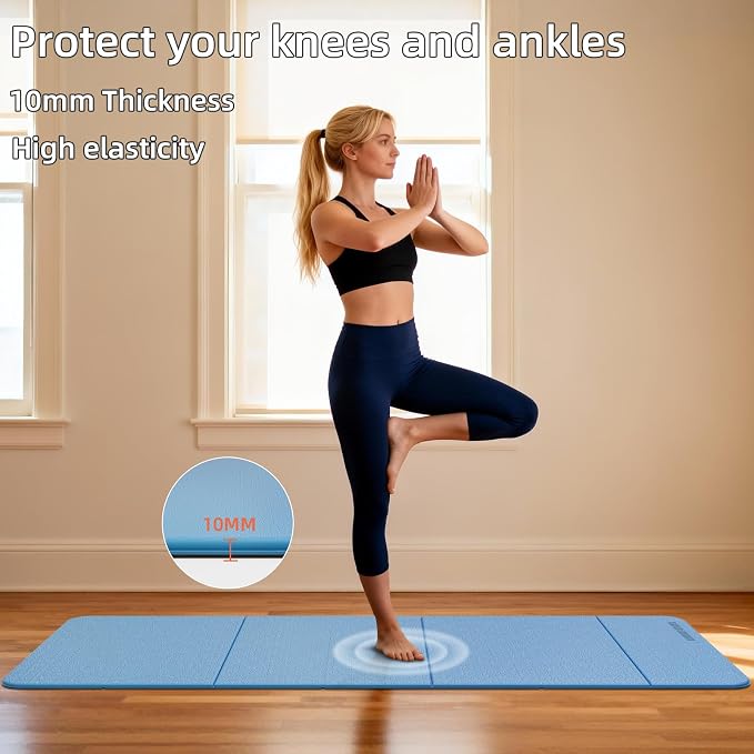 Foldable TPE Yoga Mat Thick 10mm,75" x40"Extra Large Exercise Mats | Stretch Mat Non-slip Fitness Folding Mat Easy to Carry,Wide Gym Mats for Women Men Suitable for Home Workout Travel Pilates