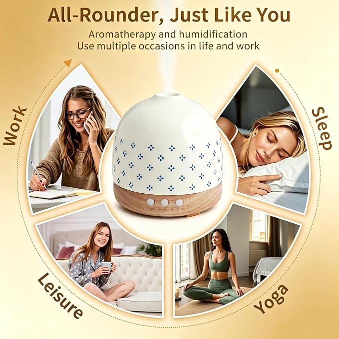 Essential Ceramic Diffuser Round Aroma Luruxy Porcelain Diffuser Luxury 300ml Night Light Captivating Exquisite Blue and White Patterned Elegance Nano Water Mist Humidifier