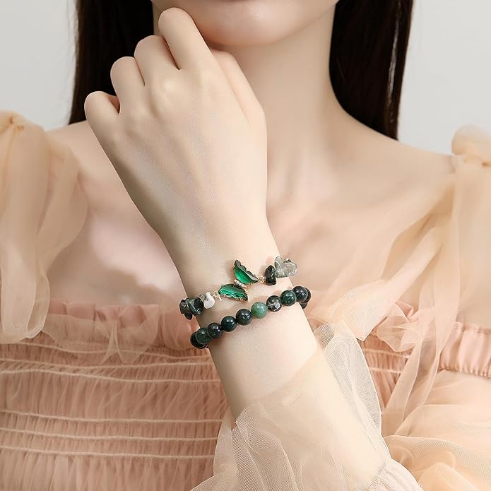 DUQGUHO 2Pcs Butterfly Bracelets for Women Healing Crystals Bracelets for Women Natural Gemstone Bead Bracelet Cute Butterfly Charm Bracelet Stretch 8mm Crystal Jewelry Gifts for Women