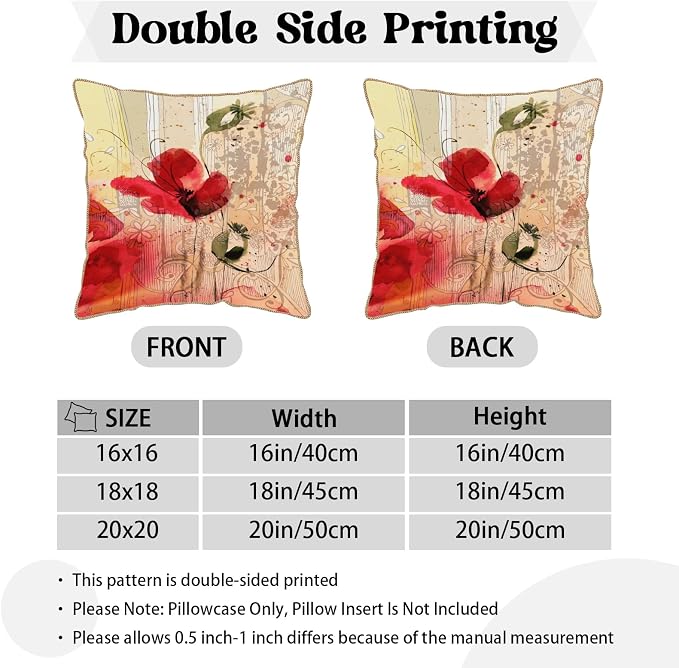 KSLIDS Red Poppy Flower Soft Velvet Throw Pillow Covers Set of 2 Watercolor Art Flower Decorative Pillow Covers 20x20 Inch Retro Beige Pillow Case for Sofa Couch Living Room Farmhouse Home Decor