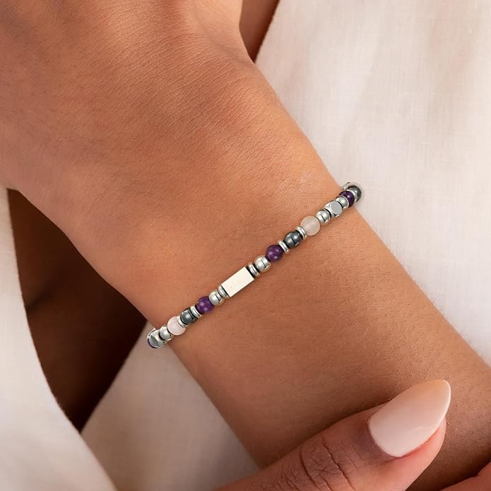 Natural Healing Crystal Bracelet for Women, Triple Protection Anxiety Relief New Beginnings Good Luck Empath Protection Jewelry Gift for Friends Daughter Mom 6.5+1.8 Inches