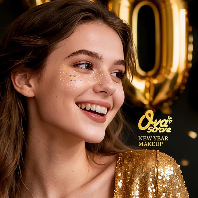 New Year New Me Face Tattoo - Glittering Freckles Stars & Fireworks in Metallic Gold & Silver | Waterproof Facial Gems for NYE Transformation, New Years Eve Party Supplies 2026 & Celebration