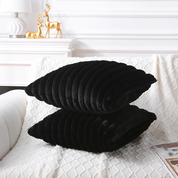 Decorative Throw Pillow with Inserts, Set of 2 Soft Faux Fur Throw Pillows, Square Boho Striped Pillow for Couch, Bed, Sofa Decor(Black, 18" x 18")