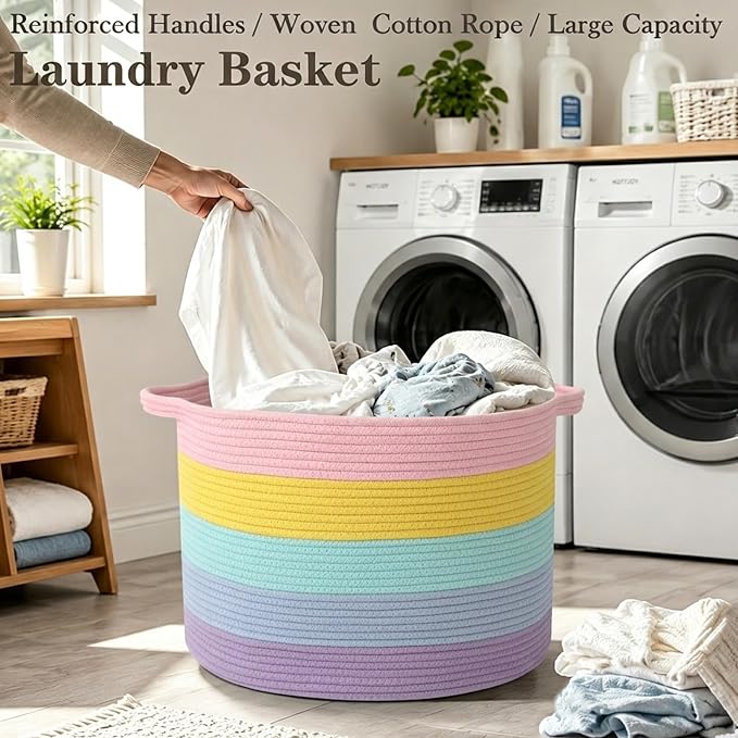 90L Large Blanket Basket,Rope Woven Laundry Basket-Colorful | Collapsible, reinforced handles, nursery storage bin organizes clothes, toys and pillows for living room, bedroom bathroom
