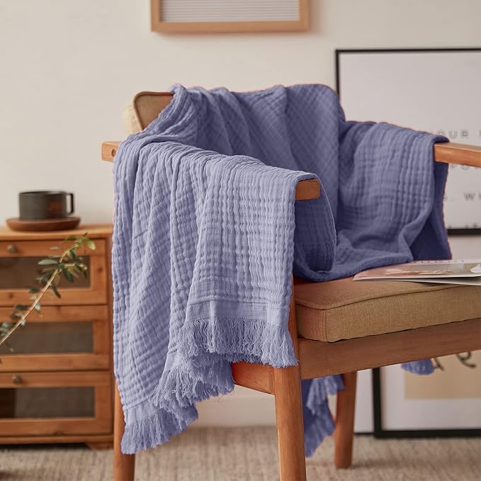 Simple&Opulence Cotton Muslin Throw Blanket for Bed, Couch, Knit Woven Gauze Blanket with Tassels, Soft Lightweight Cozy Pre-Washed Breathable Farmhouse Decoration for All-Season (Lavender)