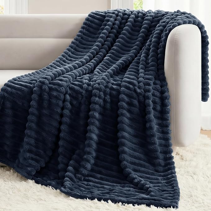 Navy Blue Twin Blanket for Bed & Couch, 60 x 80 Inch | 300GSM Ribbed Fleece Blanket, Soft, Cozy & Lightweight, OEKO-TEX Certified, All-Season Use for Travel, Dorm & Home Decor