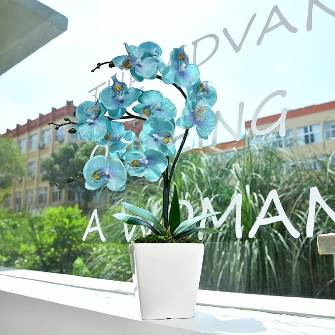 15" Silk Phalaenopsis Orchid in Square Pot, Teal Flower Plant Arrangements | Lifelike Faux Potted Blooms with Moss in a Ceramic Planter. Looks Real, Zero Upkeep, Ideal Centerpiece for Any Table