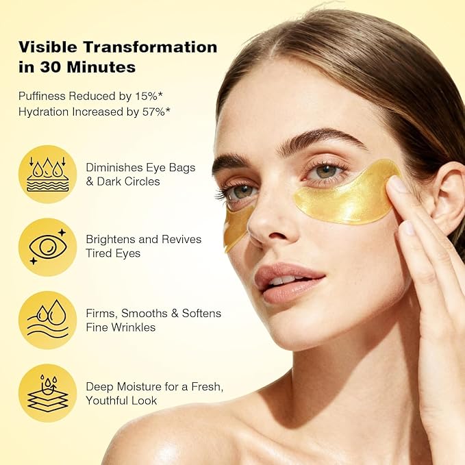 Under Eye Patches 60PCS, 24K Gold Collagen Eye Mask for Puffy Eyes & Dark Circles, Hydrating Eye Pads with Hyaluronic Acid, Vitamin C & Castor Oil, Anti-Aging Under Eye Treatment to Smooth Fine Lines