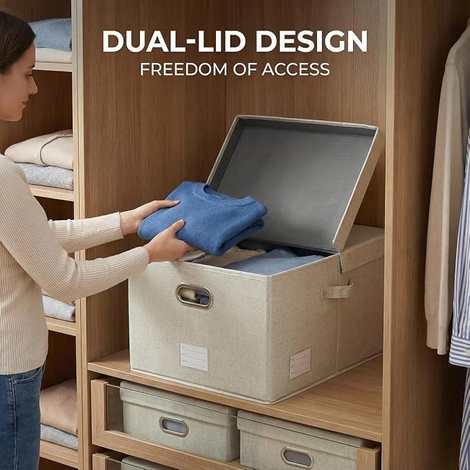 Storage Bins with Lids [3-Pack] Linen Fabric Foldable Storage Boxes Organizer Containers Baskets Cube with Cover for Bedroom Closet Office Beige (23.4X15.9X11.4)