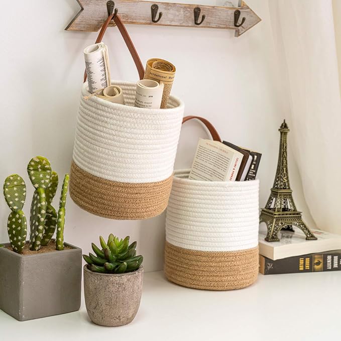 Goodpick 2 Pack Jute Rope Wall Hanging Storage Baskets for Home Decor | Boho Woven Hanging Plant Basket Decor, Decorative Basket for Home, Size 7.87×7×11.7 Inches for Wall Flower & Home Storage