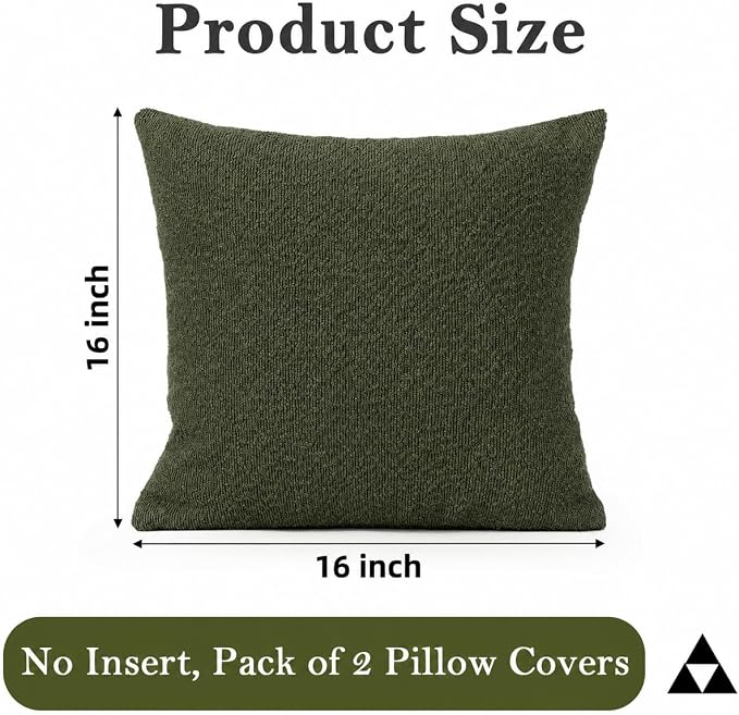 JoraLion 16x16 inch Boucle Throw Pillow Covers, Army Green Woven Texture Neutral Pillow Cover Breathable Cushion Case for Couch Sofa Bed Living Room Home Decor, Pack of 2, No Insert