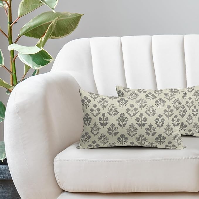 Grey Gray Floral Pillow Covers 12x20 Inch Set of 2, Block Print Lumbar Flower Cream Decorative Throw Pillowcases Outdoor Farmhouse Rectangle Cushion Covers Spring Summer Sofa Couch Bed Decor