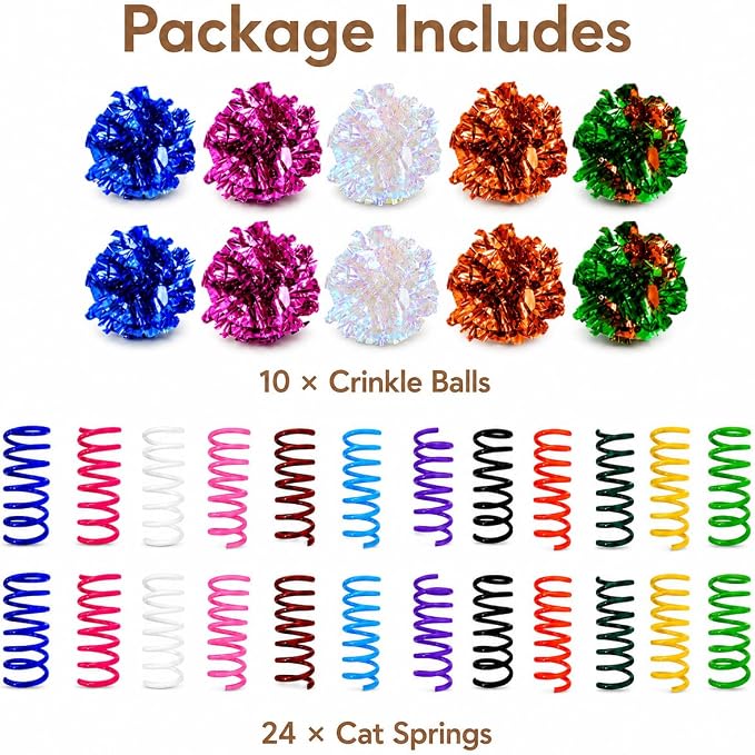 Cat Toys for Indoor Cats, 10 Crinkle Balls & 24 Colorful Springs