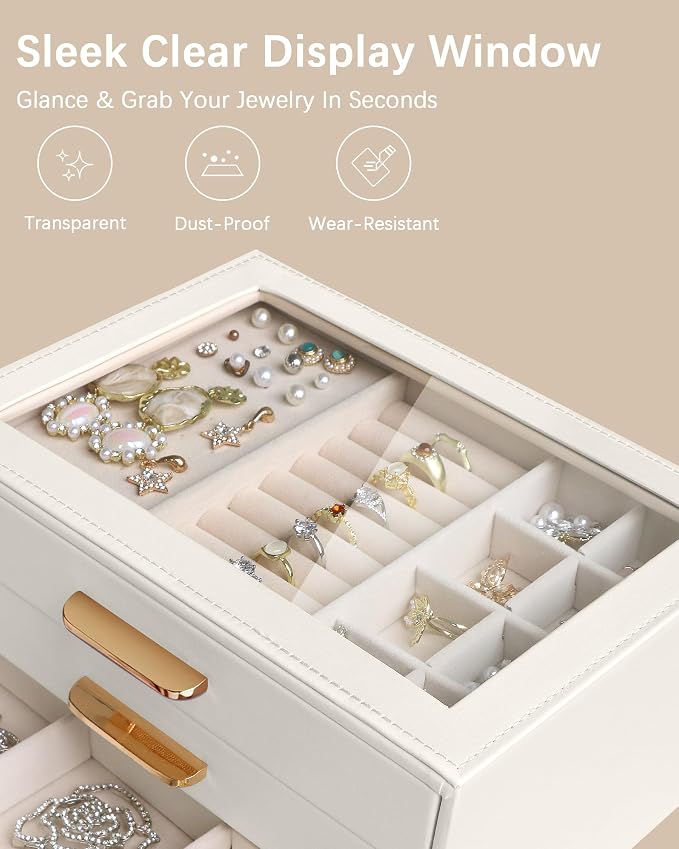 Homeanda Jewelry Boxes Organizer with Glass Lid, 3-Layer PU Leather, Beige | Modern style display case with 3 drawers for daily jewelry, women, mom or girl gift