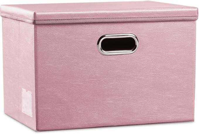 Large Collapsible Storage Box with Lid [1-Pack] Leather Fabric Foldable Storage Bin Organizer Container Basket Cube with Cover for Home Bedroom Closet Office Nursery Pink (17.7x11.8x11.8)