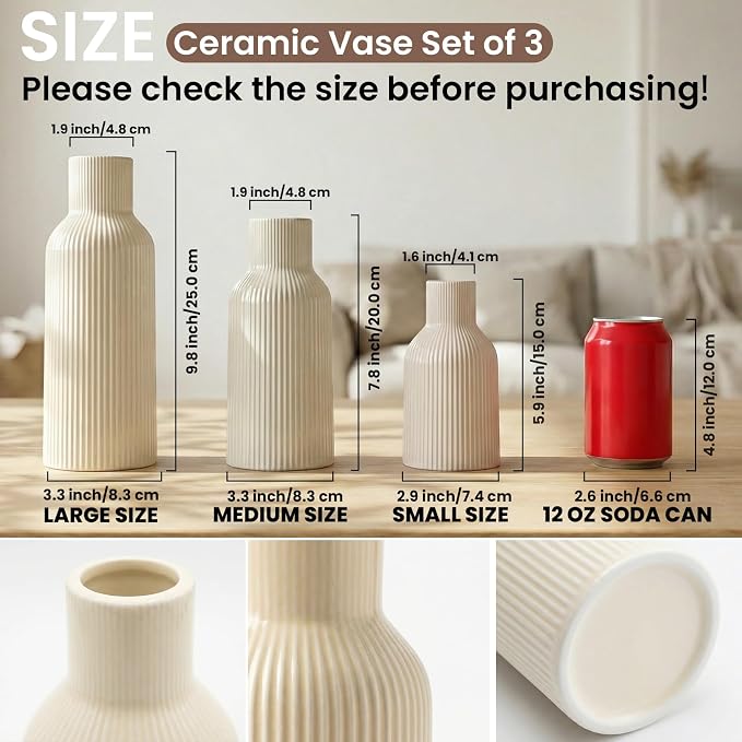 Beige Ceramic Flower Vases Set of 3, Modern Smooth Ribbed Texture, Nordic Minimalist Decor for Pampas, Dried & Fresh Flowers, Centerpiece for Living Room, Shelf, Entryway, Wedding