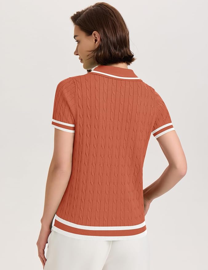 Micoson Womens Short Sleeve Sweater Tops Lapel V Neck Polo Shirts 2026 | Summer Cable Knit Loose Blouses, Business Casual Outfits