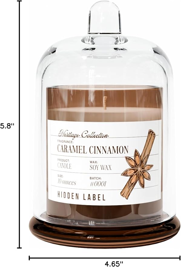 Hidden Label Caramel Cinnamon Candle, 10oz Bell Jar, Fall Aromatherapy | 55H Burn | Amber Base Glass Dome Vessel | Non Toxic Soy Wax | Autumn Spa & Meditation