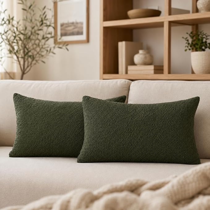 JoraLion 12x20 inch Boucle Throw Pillow Covers, Army Green Woven Texture Neutral Pillow Cover Breathable Cushion Case for Couch Sofa Bed Living Room Home Decor, Pack of 2, No Insert