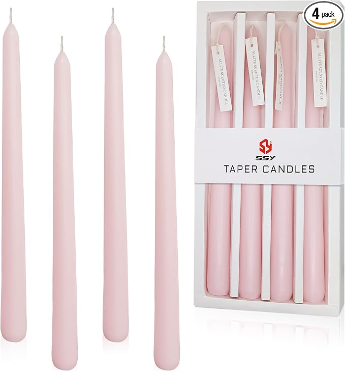 4 PCS Baby Pink Taper Candles - Rose Scented Candles - 10 inch Tall Candles for Holiday Valentine's Wedding Celebration Home Decor