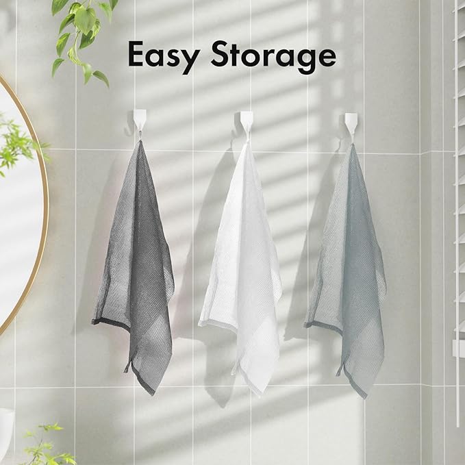 Bathway Exfoliating Washcloth, Nylon Bath Towel Body Scrubber with Hanging Strap, Back Scrubber for Shower Japanese Washcloth Loofah - Deep Clean & Rich Lather (Black & White & Gray, Pack of 3)