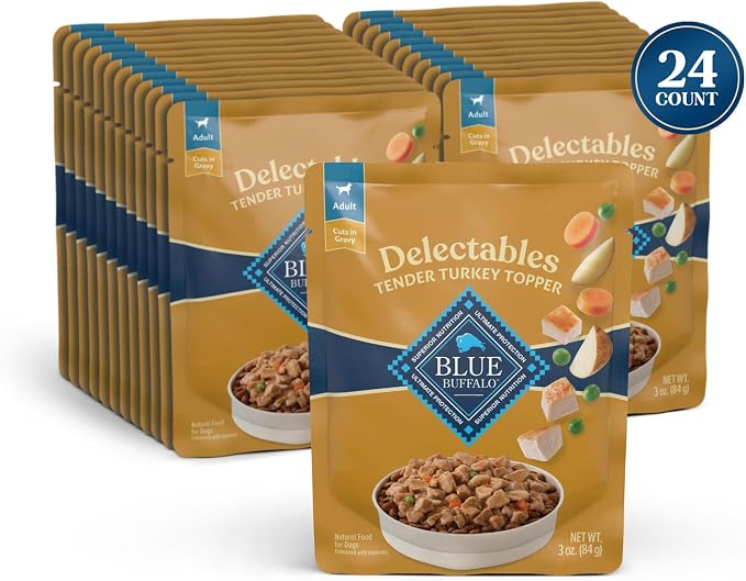 Blue Buffalo Delectables Turkey Dog Food Topper, 3 oz, 24 ct | Real Turkey with Garden Veggies in Gravy, Single-Serve Pouch, Topper or Treat