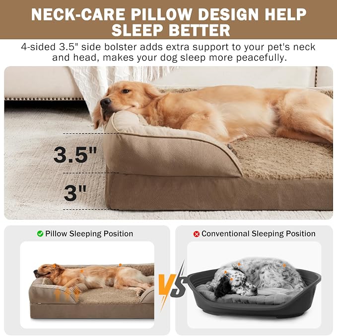 L Plus Orthopedic Dog Bed for Large Dogs, Washable Dog Sofa with Egg-Crate Foam, Waterproof Lining and Non-Skid Bottom