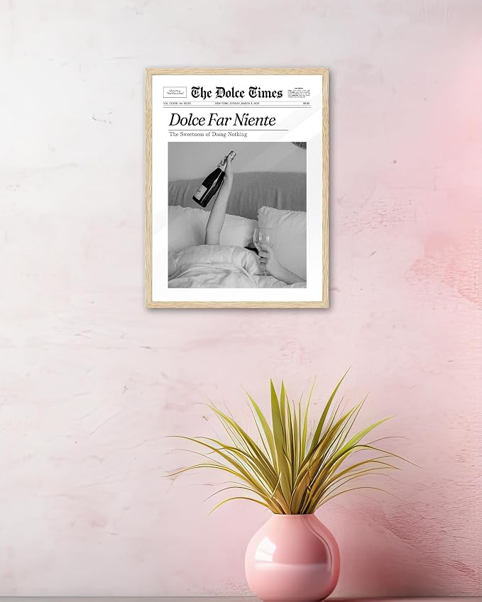 iHery Small 8x10in Dolce Far Niente Framed Newspaper Wall Art | Natural OAK Wood Frame with Canvas Print, The Sweetness of Doing Nothing Decor for Bedroom, Living Room and Dorm, 1Pack