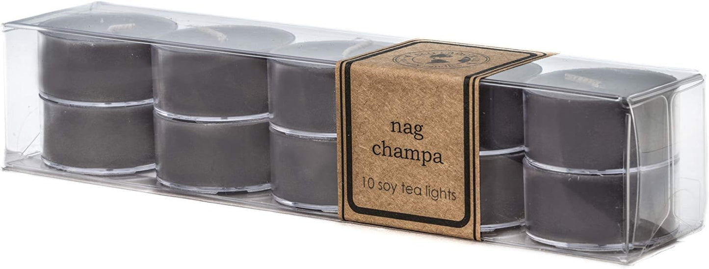 Eco Candle Co. Tea Light Candles, Nag Champa, 10-Pack - Scents of Plumeria, Asian Resins, & Sandalwood - Recyclable Plastic Cups, 100% Soy Wax, No Lead, Hand Poured, Midwest Soybeans, .6 oz. Each