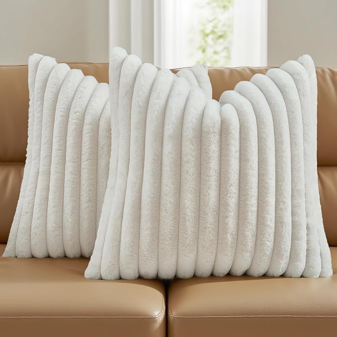 FUTEI Pack of 2 Faux Fur Throw Pillow Covers 26x26 Inch, Cream White | Fluffy Faux Rabbit Fur Front/Premium Velvet Back,Hidden Zipper,Machine Washable,Non-Shedding,Colorfast,Insert Not Included.