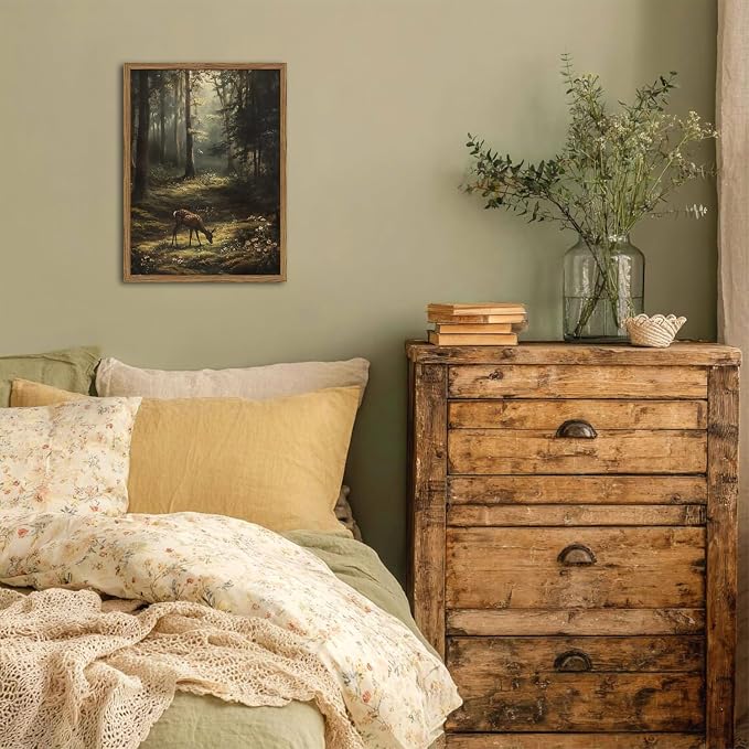 Framed Vintage Forest Deer Canvas Wall Art, Rustic Nature Landscape Paintings Wall Decor, Woodland Animal Pictures Prints Cottagecore Home Decor for Living Room Bedroom Office 16x24 inch