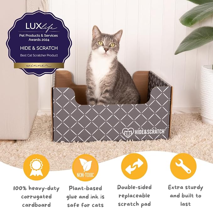 Hide & Scratch Cardboard Cat Scratcher Box & Bed with 3 Refill Pads Grey