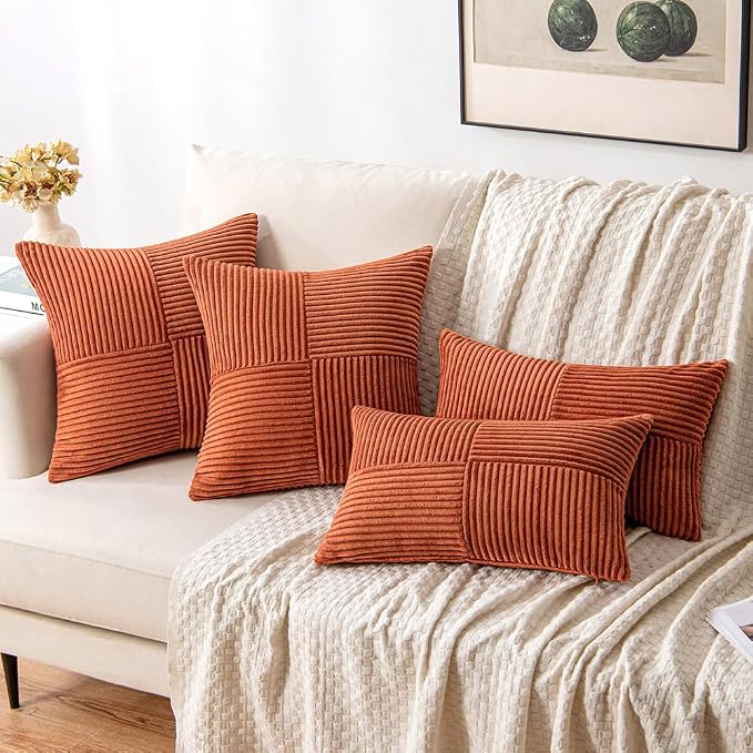 MIULEE Pillow Insert 18x18 Inch Rust Corduroy Pillow Covers Pack of 2 Boho Decorative Spliced Throw Pillow Covers
