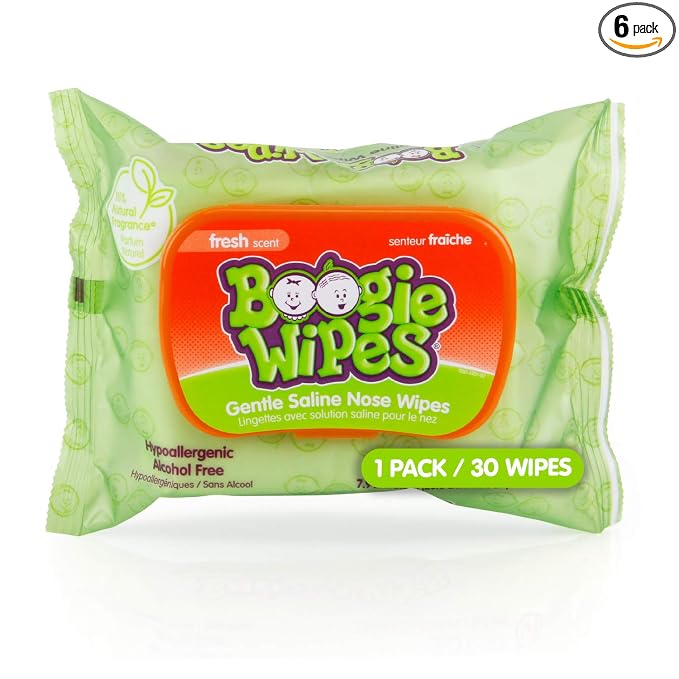 Boogie Wipes Saline Nose Wipes - 180 Count - Fresh Scent, Hypoallergenic & Alcohol-Free - Allergy Relief - Made with Natural Saline, Aloe, Chamomile & Vitamin E - Diaper Bag Essential