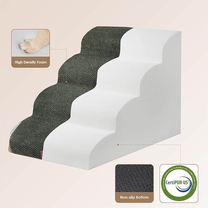 EHEYCIGA Curved Dog Stairs Ramp, 4-Step High Beds, 19.7" H Pet Step | 33D density of pure foam, for Small Dogs and Cats, Pet Stairs for High Bed Climbing, Non-Slip Balanced Indoor, Military Green