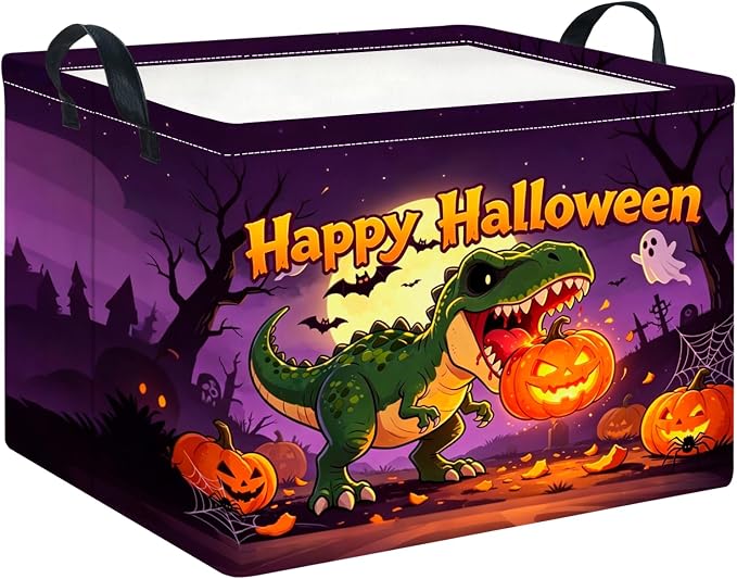 CLOCOR Rectangular Storage Basket Empty,Gift Basket,Waterproof Storage Bin with Handles,Room Decor(Dinosaur Pumpkin Halloween)