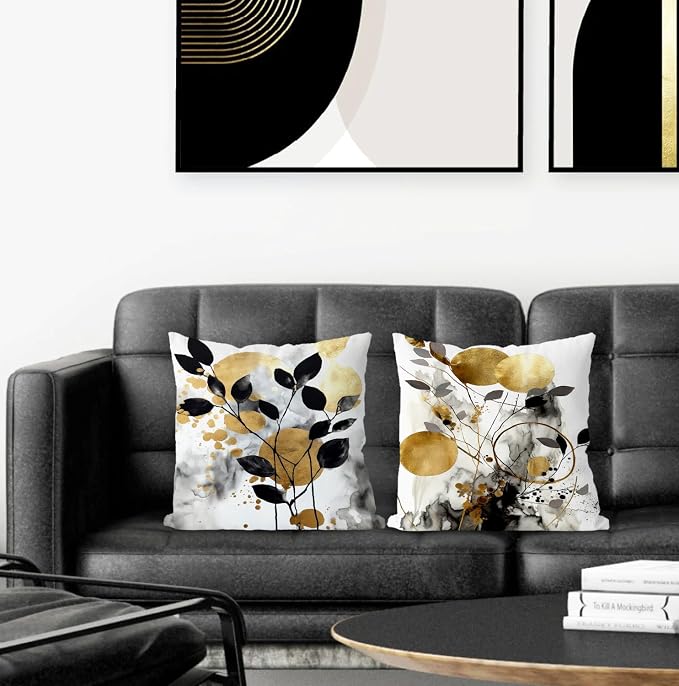 Black and Gold Botanical Pillow Covers 20x20 Set of 2, Abstract Modern Decorative Throw Pillow Covers for Living Room Bedroom, Modern Home Decor, Black and Gold Bedroom Living Room Decor