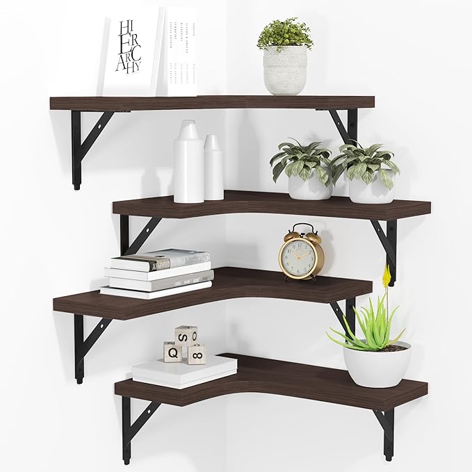 ROMGUAR CRAFT Corner Floating Shelves Wall Mounted Set of 4, Rustic Wood Storage Display Shelves for Home Decor, Bathroom, Kitchen, Bedroom, Living Room, Office (Brown)