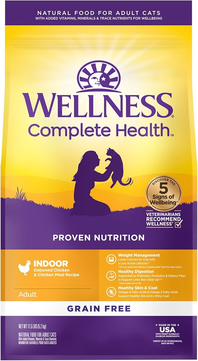 Wellness Complete Health Adult Dry Cat Food for Indoor Cats, Natural, Grain Free Kibble, Chicken Recipe, 11.5 lb Bag