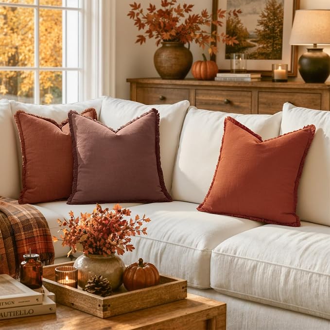 MIULEE Linen Fringe Decorative Fall Throw Pillow Covers Autumn Glaze 18x18 | Set of 2, Cottagecore Decor, Boho Farmhouse Neutral Pillow Covers, Rustic Fall Couch Cushion Cases for Sofa Bed Living Room