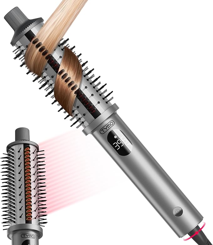 TYMO STYLUX PRO Thermal Brush Curling Brush, 1.5 Inch Blowout Heated Round Volumizer, Hair Straightener and Curler 2 in 1, 800M Negative Ion for Smoother, LCD Display, 5 Temp, Dual Voltage, Gray
