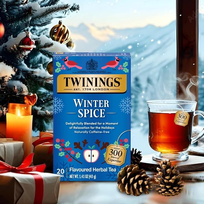 Twinings Holiday Sweet & Spicy Tea Variety 2-Pack – Caffeinated Tea and Caffeine-Free Winter Spice Herbal, Christmas Gift, 20 Tea Bags Ea