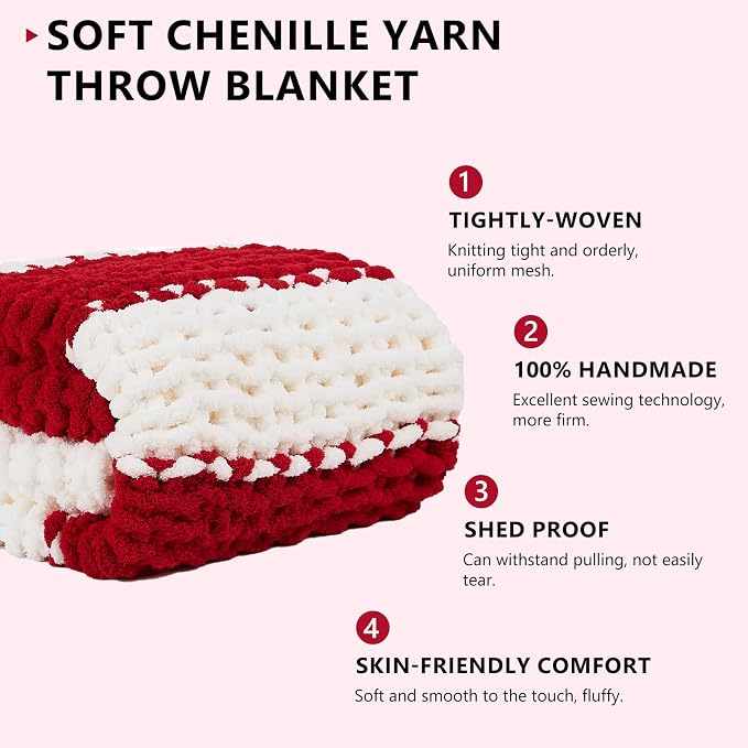 L'AGRATY Chunky Knit Throw Blanket for Couch, 80 x 90 Inches, Red White | Handmade Chenille Crochet Blanket for Sofa Bed, Thick Cable Knitted Blankets for Room Home Decor, Birthday Gift for Women Mom