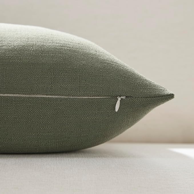 Meekio Set of 2 Olive Green Throw Pillow Covers 20x20, Modern Farmhouse Linen Blend Decorative Pillow Covers for Couch Sofa Bed, Neutral Home Decor