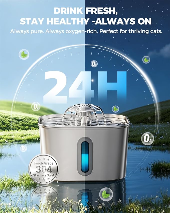 Cat Water Fountain Stainless Steel 74oz/2.2L with 3 Filters & 3 Sponges | Indoor Pet Water Dispenser-Automatic Silent Small Dog Fountains for Drinking-Auto Metal Watering Bowls-Gifts for Kitty Animal