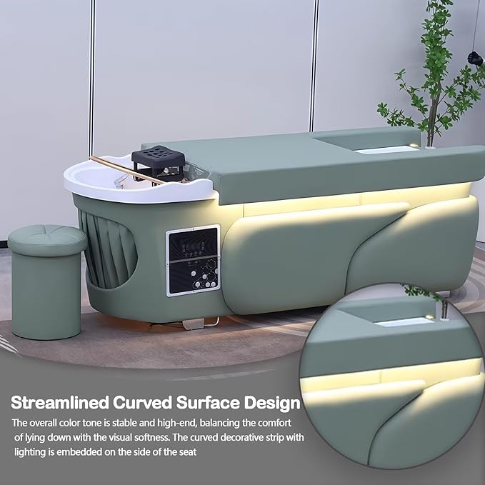 Head SPA Bed - Shampoo Bed with Sage Green Curved Sleek Style, Head SPA Equipment & Massage Table Includes Water Circulation, Ambient Light, with Stool