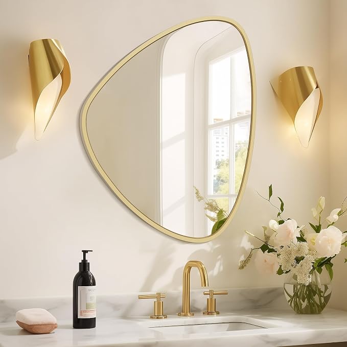 Asymmetrical Mirror, Irregular Wall Mirror, Wall Mirrors Decorative for Bedroom Living Room entryway Hall, Wall Mirror for mid Century Modern Decor 24" H x 19" W, Gold