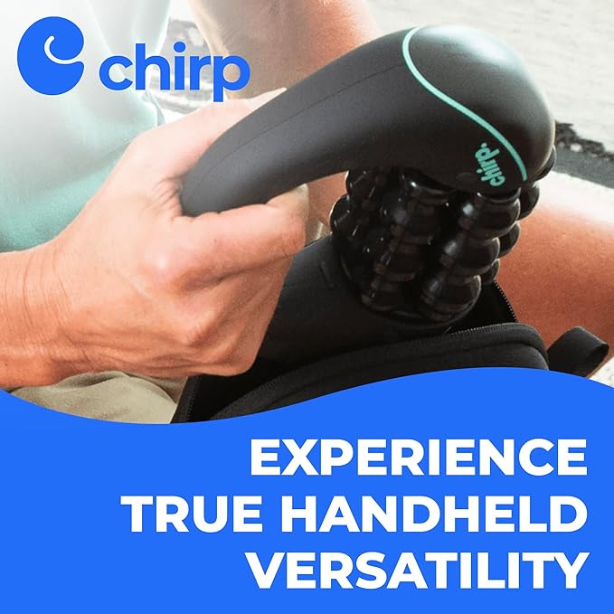 Chirp RPM Mini - Rolling Percussive Massager, Percussive Therapy, Whole Body Relief, Deep Tissue and Muscle Recovery, Percussion Massage, Rechargeable, Hands-Free Base, Powerful, 3-Speed Spin