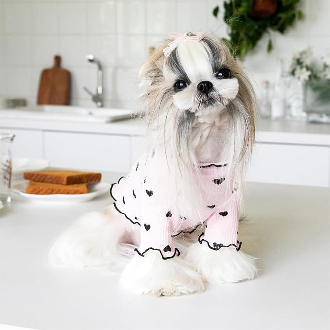 Pet Clothes for Small Dogs Cat Summer Fall Heart Print Shirt Stretchable Ruffle Long Sleeve Outfits for Chihuahua Schnauzer Shih Tzu Yorkie (Pink, Small)